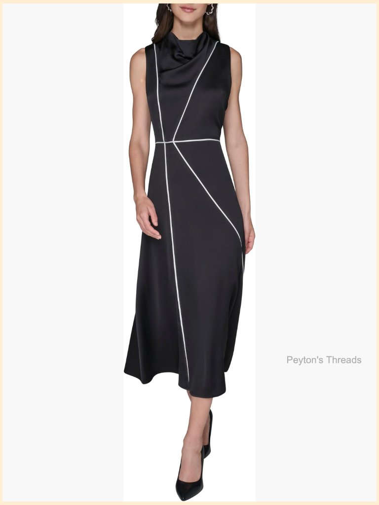 Sleeveless Mock Neck Satin Faced Crepe Midi Dress